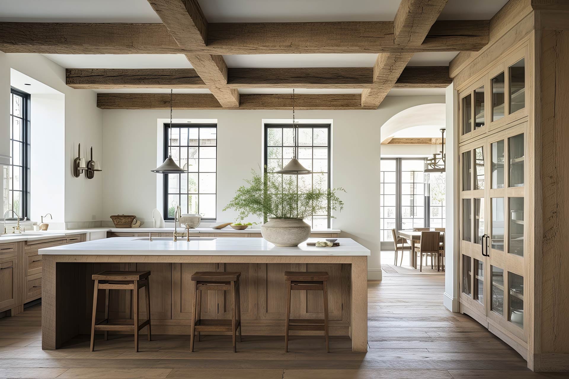 A spacious home kitchen features a large island with three wooden stools, wooden ceiling beams, large windows, and pendant lights.