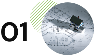 A model house placed on architectural blueprints with the number "01" appearing to the left, symbolizing the first step in an intricate design process.