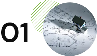 A model house placed on architectural blueprints with the number "01" appearing to the left, symbolizing the first step in an intricate design process.