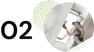 A worker standing on a ladder, engaged in the process of smoothing the ceiling with a tool next to the text "02" and a green, striped circle.