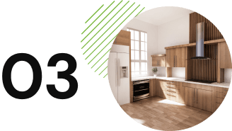 Modern kitchen with light wood cabinets, a large refrigerator, built-in oven, and stovetop under a range hood. Round window graphic with green lines and the number "03" on the side showcases the streamlined design process.