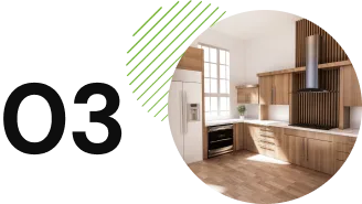 Modern kitchen with light wood cabinets, a large refrigerator, built-in oven, and stovetop under a range hood. Round window graphic with green lines and the number "03" on the side showcases the streamlined design process.