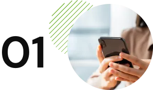 Person holding a smartphone, with a close-up view of their hands. A green-striped pattern and the number "01" are on the left side, giving a cozy home vibe.