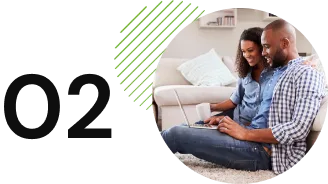 A couple sits on the floor, looking at a laptop together in a cozy home living room. The number "02" is displayed to the left of the image.