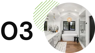 Modern bathroom interior with a freestanding bathtub, glass shower, and double vanity creating a luxurious home oasis, adjacent to a "03" in large black text.