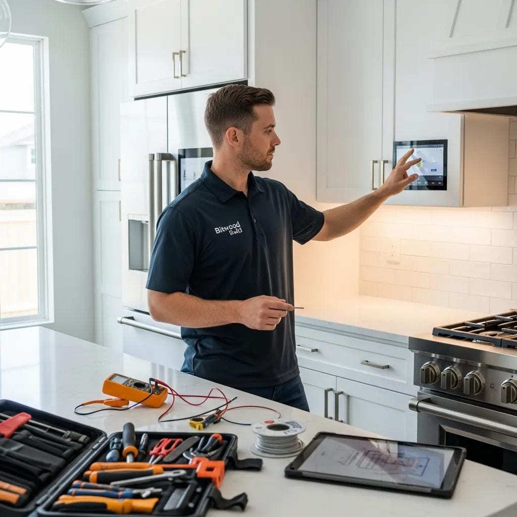 Contractor installing smart home technology in a modern kitchen during remodeling