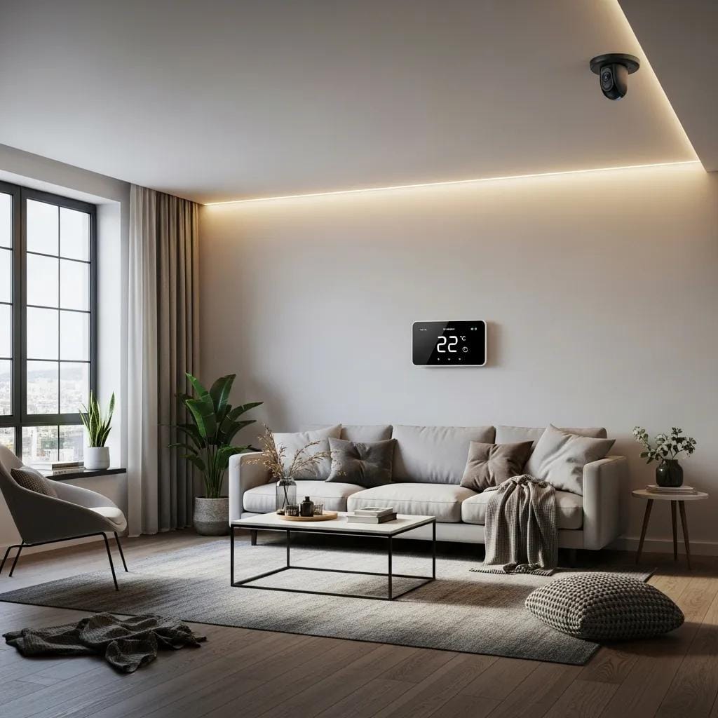 Modern living room with smart home technology including thermostat, lighting, and security camera