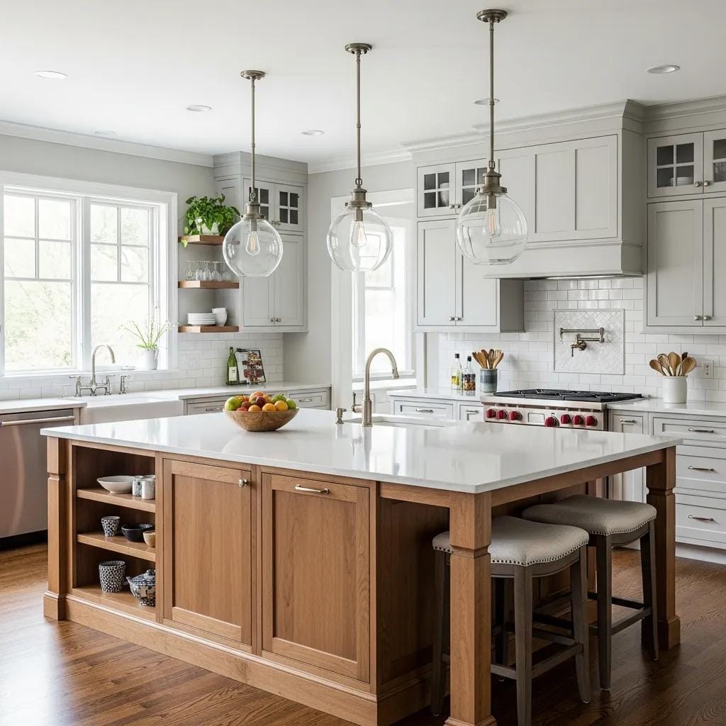 Stylish kitchen island with built-in storage and pendant lighting in a transitional kitchen design
