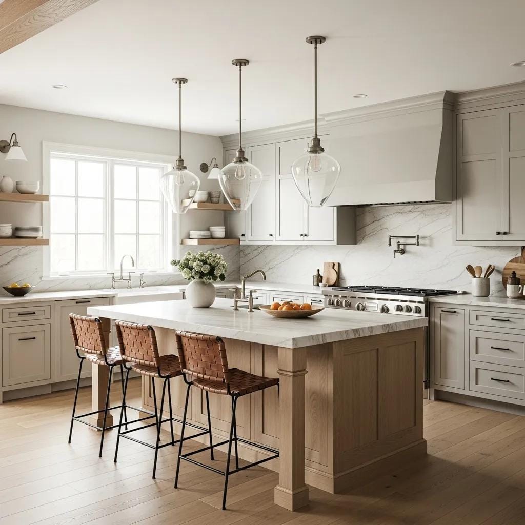 Transitional kitchen design blending traditional and modern elements with a spacious island and elegant lighting