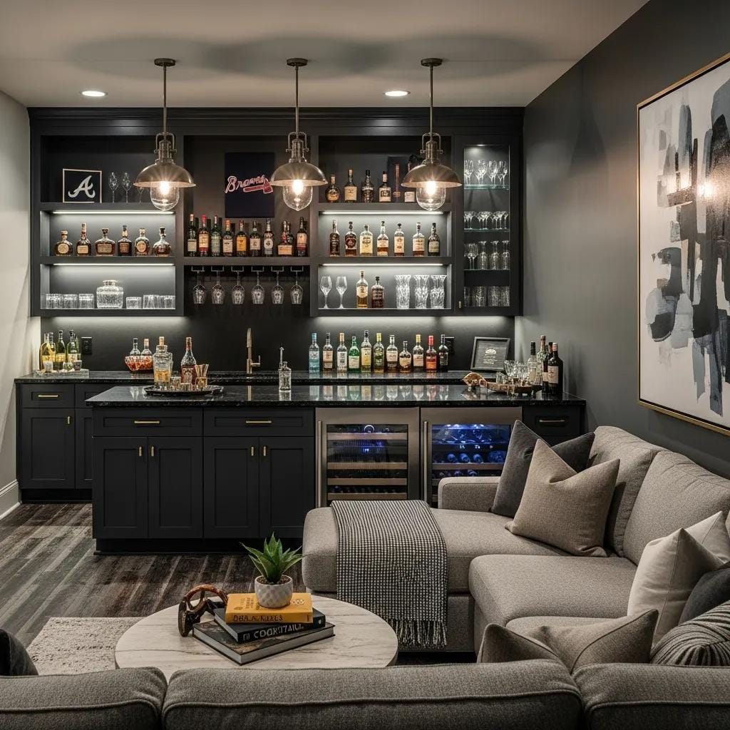 Custom basement bar in an Atlanta home showcasing modern design and inviting atmosphere