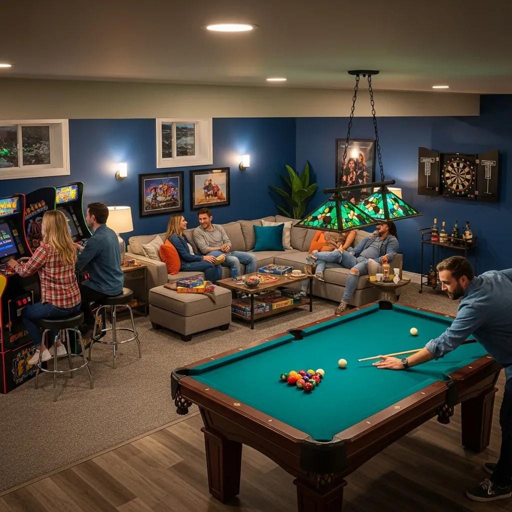 Vibrant game room in a basement with pool table and arcade games